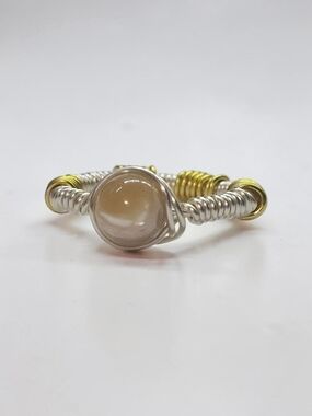 Handcrafted Two-Tone Wire Wrapped Beige Stone Ring